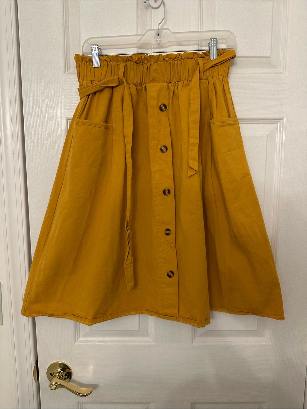 A-Line Button-Front Skirt with Self-Tie Belt in Mustard